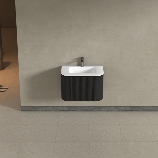 Kensington Black Wall Hung Rectangular Basin Fluted Bathroom Vanity Unit - 750mm
