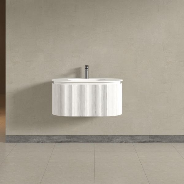 Kensington White Wall Mounted Oval Basin Fluted Bathroom Vanity Unit - 900mm
